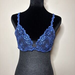 Vintage 90s Malyzia by La Perla Blue Sheer Lace Bra 34C